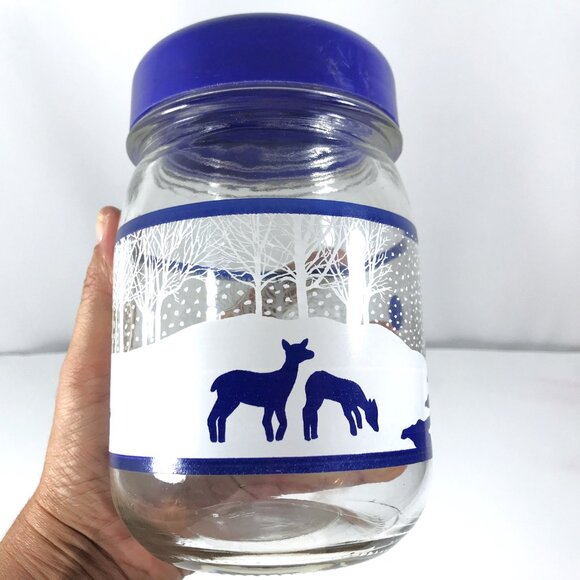 Vintage 80s Glass Jar with Lid Winter Deer Scene - Picture 1 of 7